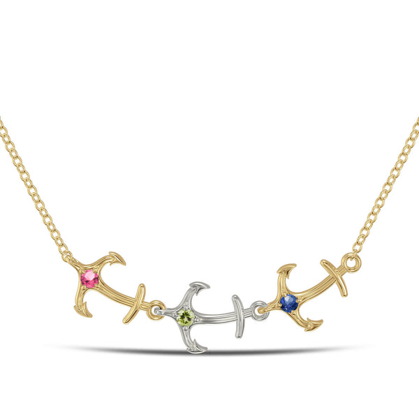 Bixlers Nautical Peridot, Pink Tourmaline and Sapphire Triple Anchor Necklace In Sterling Silver & 14K Yellow Gold 4