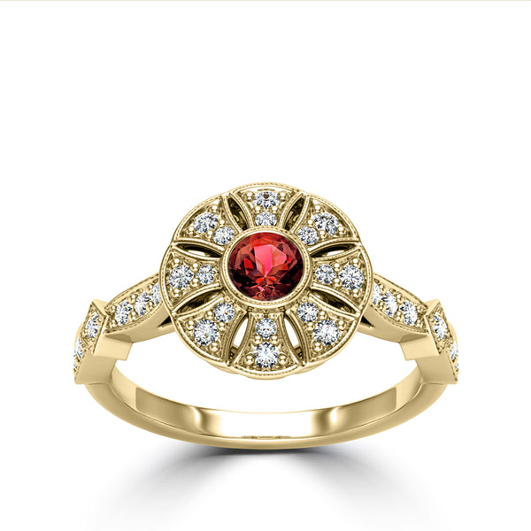 Bixlers Rosette Ruby and Diamond Flower Milgrain Ring In 14K Yellow Gold 1
