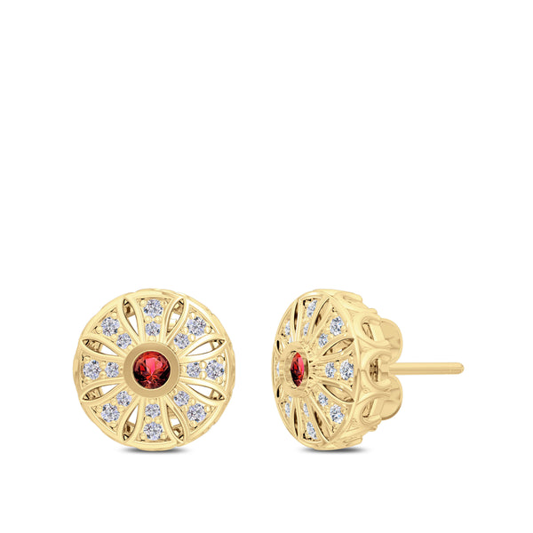 Bixlers Rosette Ruby and Diamond Milgrain Sun Earrings In 14K Yellow Gold 7