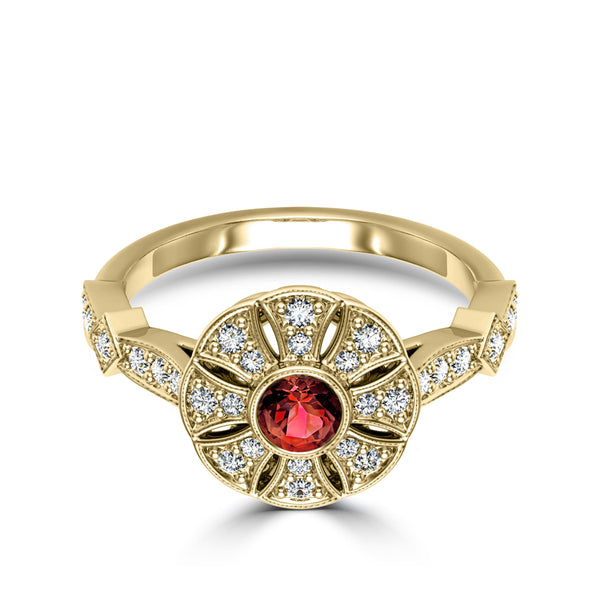 Bixlers Rosette Ruby and Diamond Flower Milgrain Ring In 14K Yellow Gold