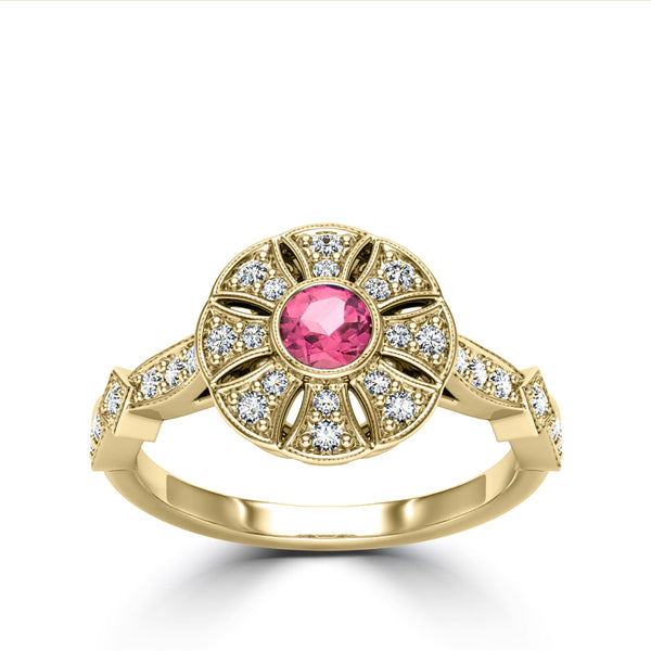 Bixlers Rosette Pink Tourmaline and Diamond Flower Milgrain Ring In 14K Yellow Gold 5